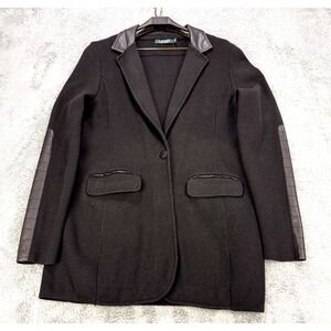 Lauren Ralph Lauren Blazer Coat Women L Black Knit Cotton Faux Leather Collar
